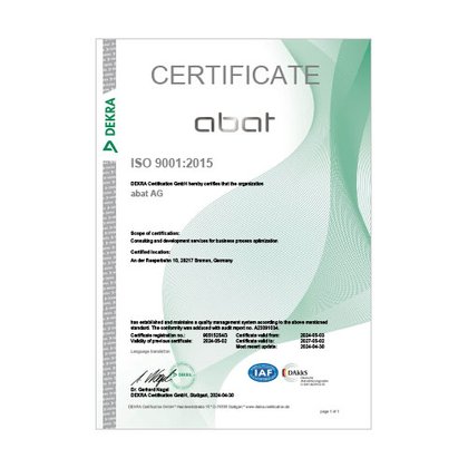 DEKRA ISO 9001:2015 certificate for abat AG confirms quality management system