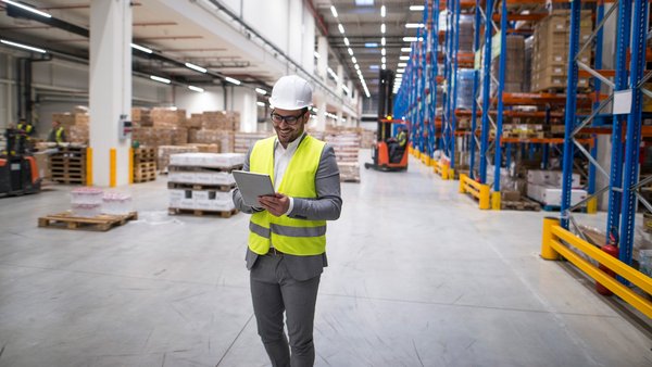 Warehouse worker with hard hat and high-visibility vest checks data on a tablet in the warehouse.