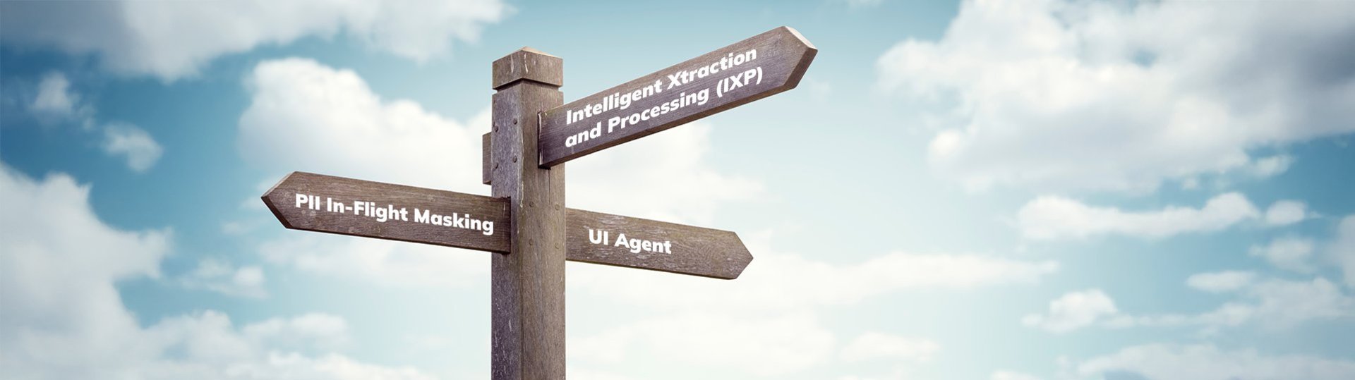 Wooden signpost with IT terms for IXP, PII masking and UI agent in front of a blue sky.