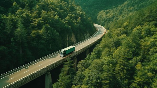 Truck drives over a bridge through a wooded landscape on a winding road.