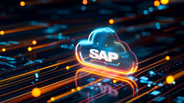 Bright SAP cloud symbol surrounded by digital lines and dots for data streams.