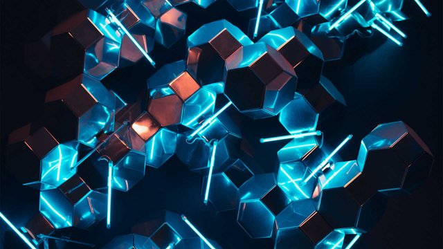 Futuristic geometric shapes with a metallic sheen and bright blue neon light.