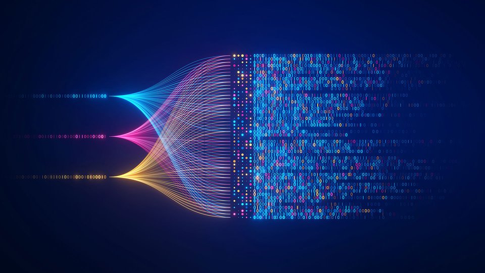 Data flows with multicolored lines that merge into a binary data grid on a blue background.