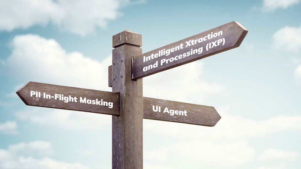 Wooden signpost with IT terms for IXP, PII masking and UI agent in front of a blue sky.